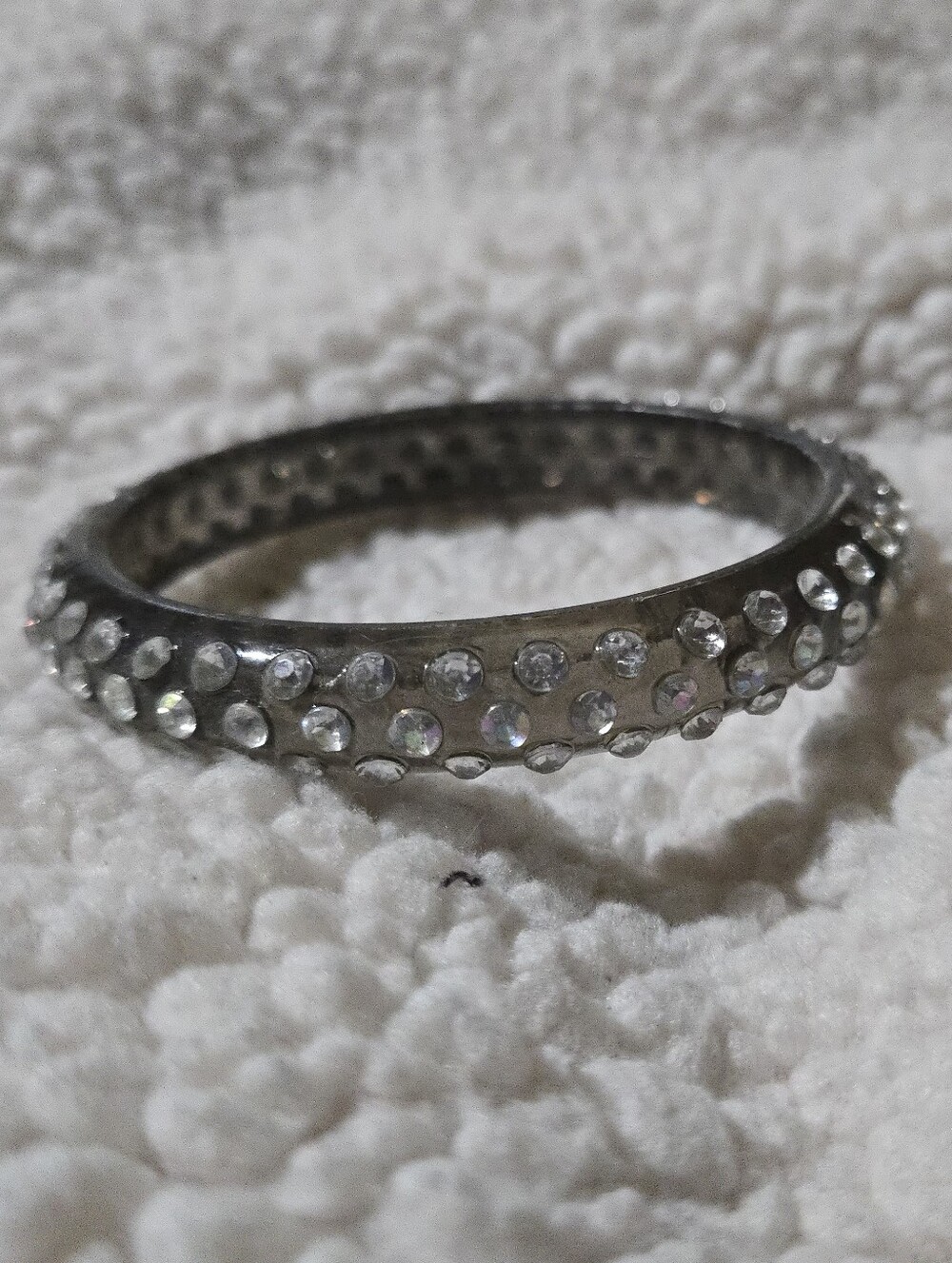 Vintage bangle bracelet made of smokey gray acrylic lucite 3 Rows Rhinestones